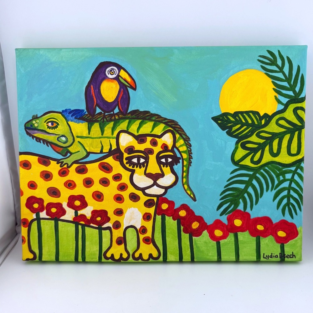 Lydia Beech Original Acrylic Painting Tamarindo 2018 Jungle‎ Leopard Iguana Art